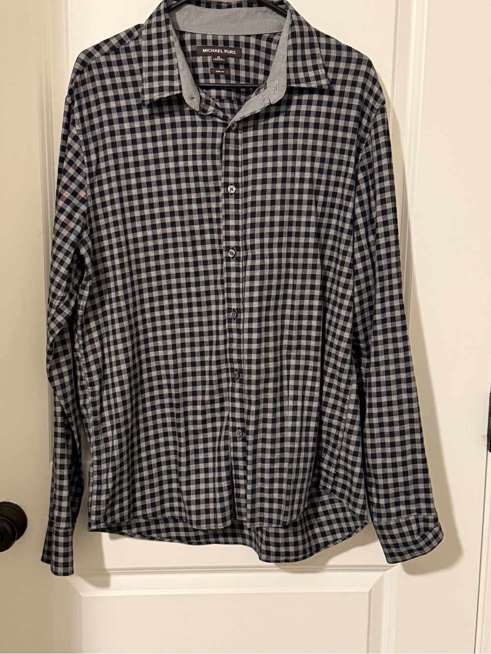 Michael Kors Men’s Navy and Gray Checked Button-Down Shirt